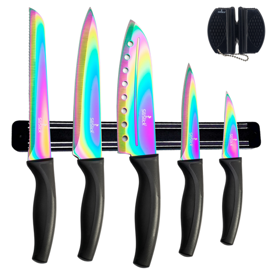 Kitchen Knife Set Kit | Black Handle & Black Magnetic Rack